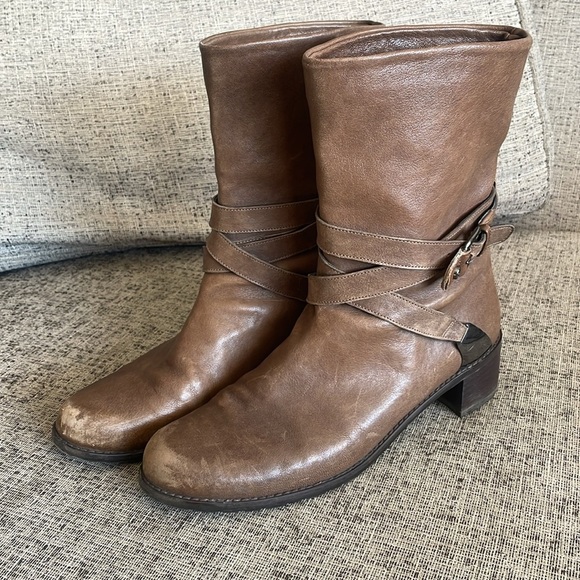Stuart Weitzman Ranch Dressing Moto Brown Leather Booties Size 9.5 - Picture 4 of 16